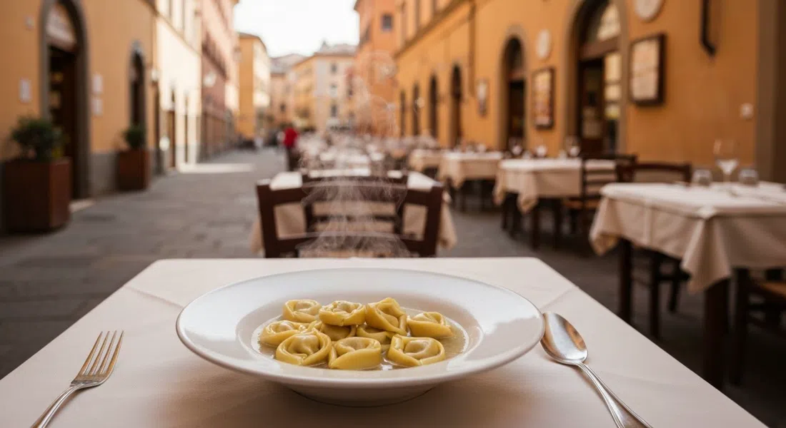 un cuenco de tortellini in brodo en Trattoria di Via Serra, con vapor elevándose sobre un mantel blanco sencillo con luz cálida interior
