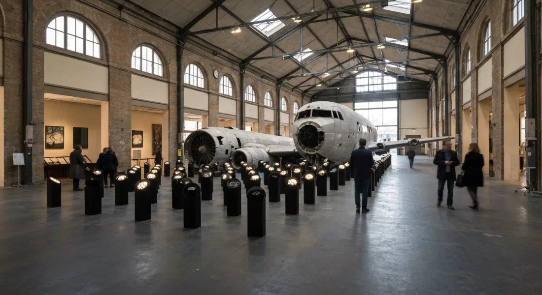 interior del Museo per la Memoria di Ustica, los restos reconstruidos del DC-9 rodeados por las 81 luces y espejos negros de Boltanski en un antiguo depósito de tranvías