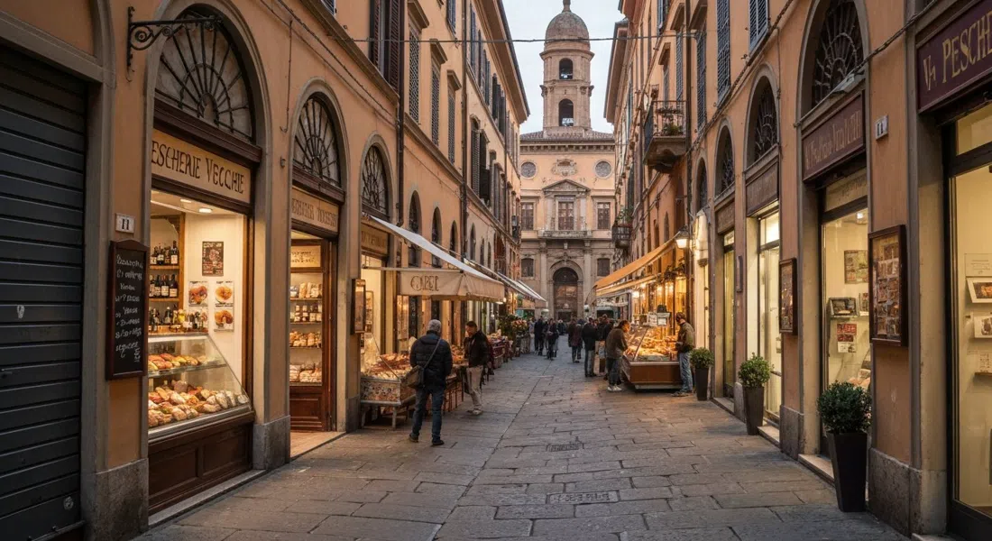 Via Pescherie Vecchie al atardecer, mostradores de delicatessen y antiguas fachadas de tiendas abarrotadas en una estrecha calle de Bolonia mientras comienza la hora del aperitivo
