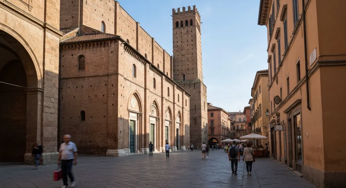 La fachada inacabada de ladrillo de San Petronio vista desde Piazza Maggiore, con las calles del mercado justo detrás y la luz de la tarde sobre la piedra