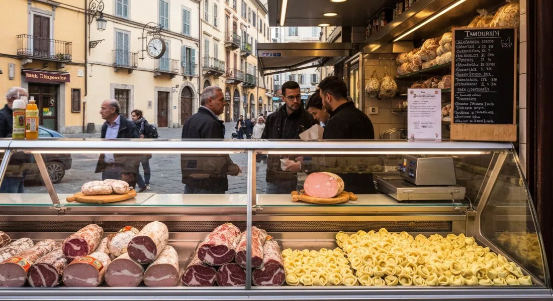 El mostrador de embutidos de Tamburini en Via Caprarie, con mortadela, culatello y tortellini dispuestos bajo luces brillantes de charcutería