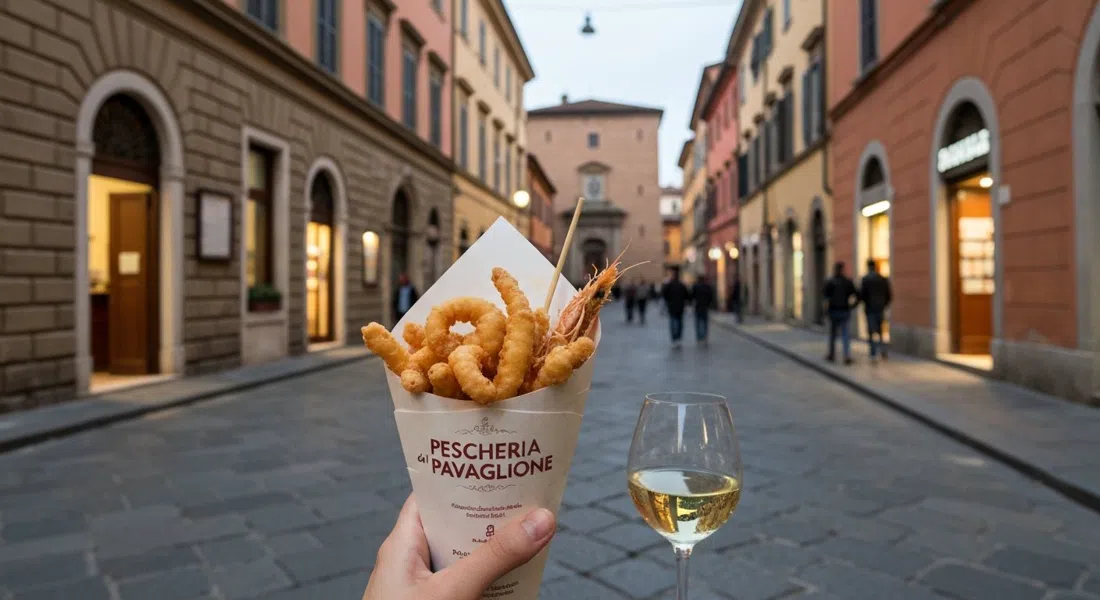 Un cucurucho de papel de aperipescado frito de Pescheria del Pavaglione, sostenido en la calle al anochecer con vino blanco cerca