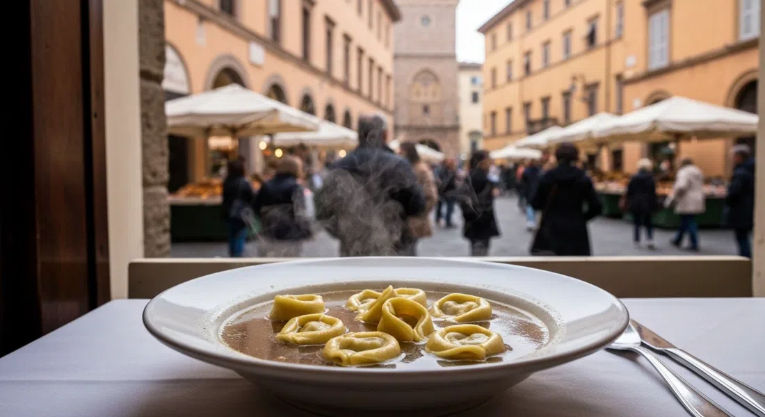 Un plato de tortellini en brodo en Sfoglia Rina, vapor elevándose sobre el caldo con el bullicioso mercado justo al otro lado de la ventana