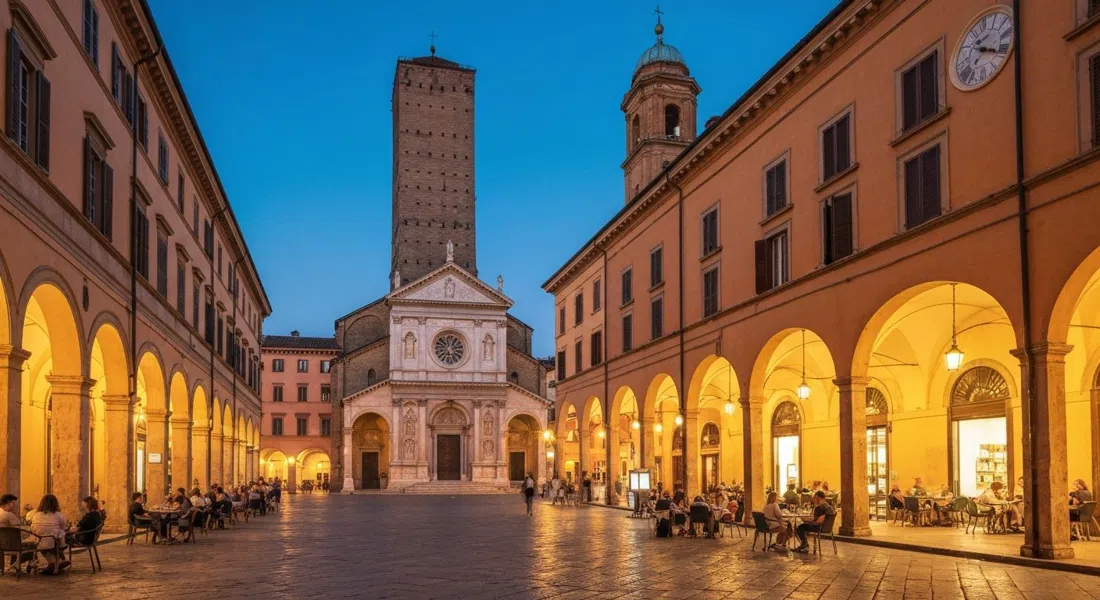 Piazza Santo Stefano al atardecer con la plaza triangular, la Basílica de Santo Stefano en el lado corto y soportales brillando en dorado mientras la gente se sienta en las mesas de los cafés