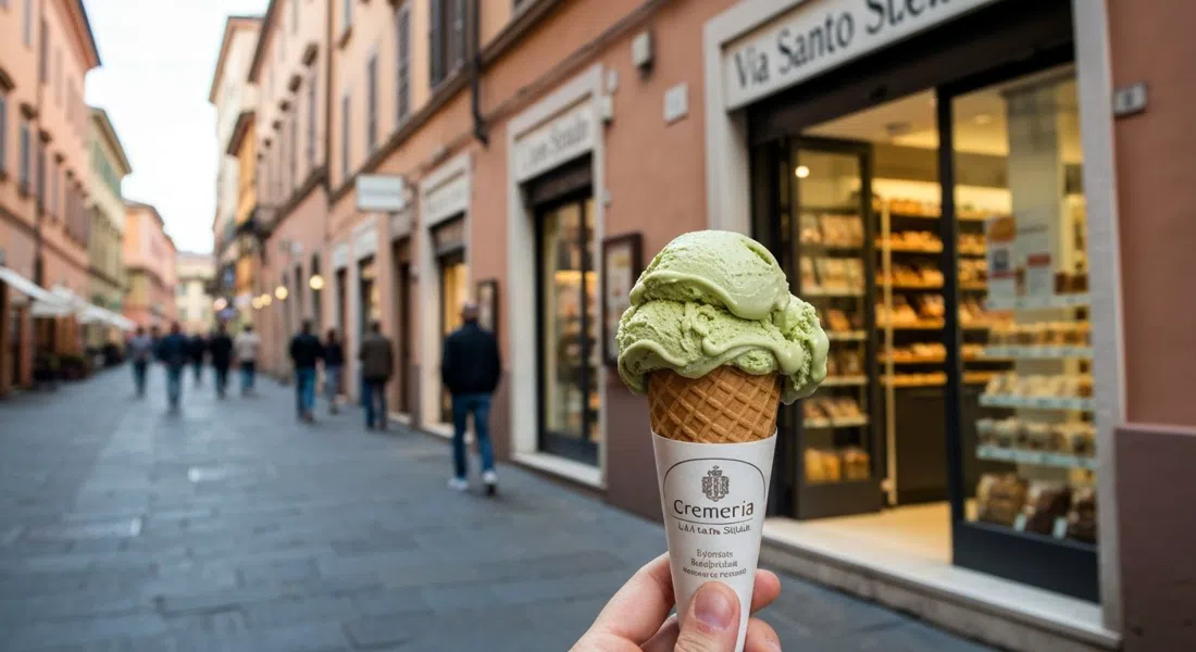 un cucurucho de gelato de pistacho de Cremeria La Vecchia Stalla, bolas cremosas sostenidas frente a la fachada de Via Santo Stefano en un paseo de última hora de la tarde
