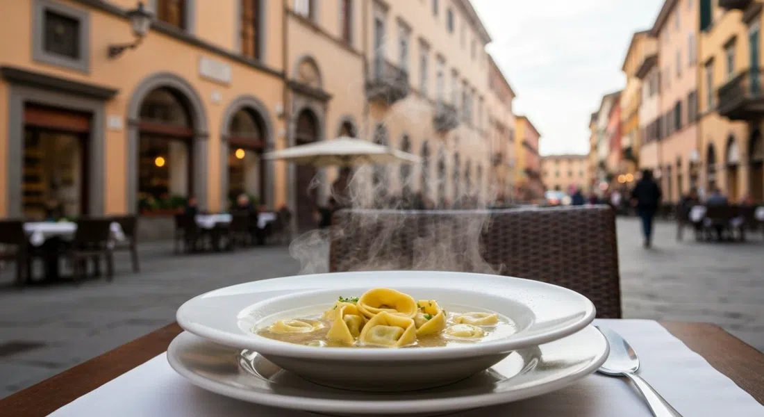 un bol de tortellini in brodo en Sfoglia Rina, vapor elevándose sobre un plato blanco sencillo con pasta fresca visible bajo el caldo