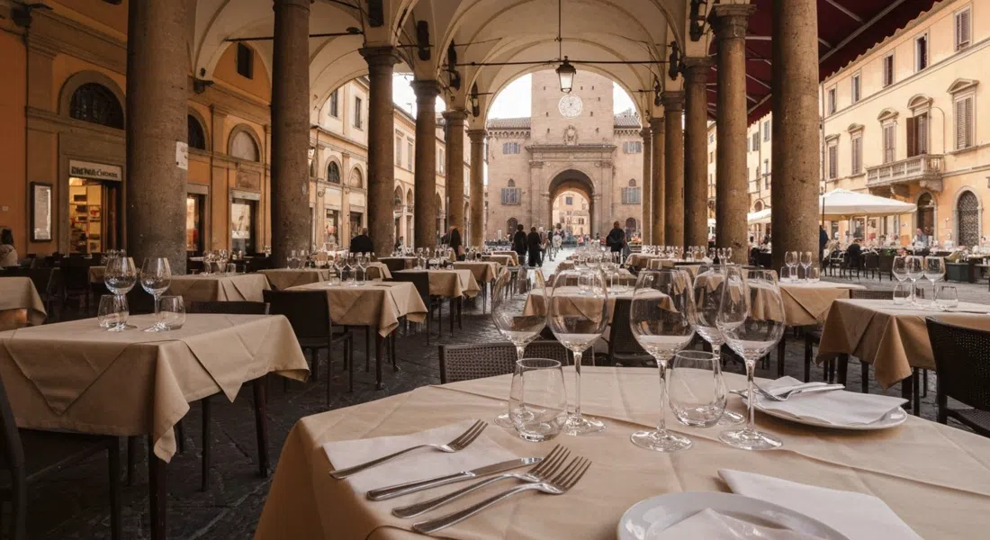 mesas de Vineria Favalli en la Piazza Santo Stefano a la hora del aperitivo, copas de vino capturando la última luz bajo los soportales