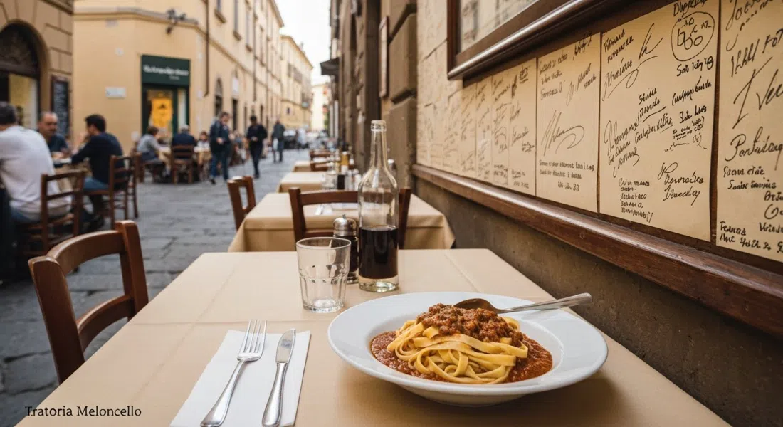 Una mesa en la Trattoria Meloncello con tagliatelle al ragù y autógrafos manuscritos en la pared al fondo, luz cálida de trattoria