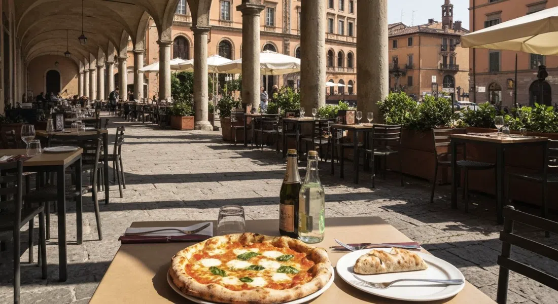La terraza ajardinada de Berberè Porta Saragozza con pizza de masa madre en la mesa y sombras de pórtico sobre los asientos