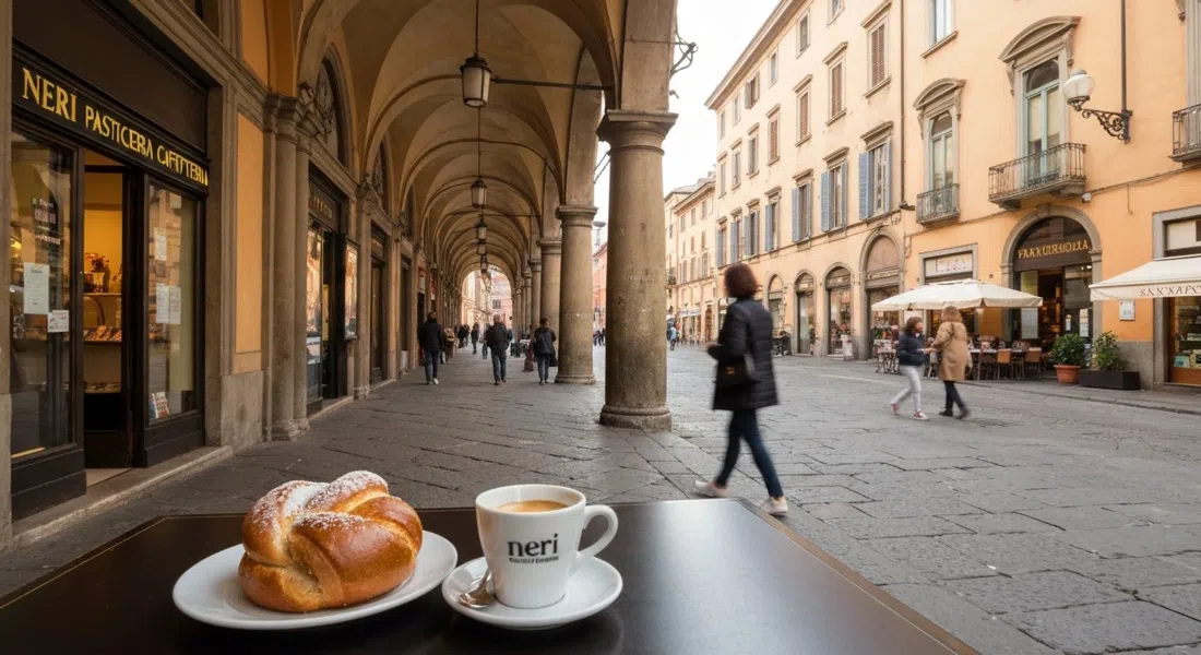 Una brioche y un espresso en Neri Pasticceria Caffetteria bajo el soportal de Via Saragozza, luz matutina y lugareños pasando