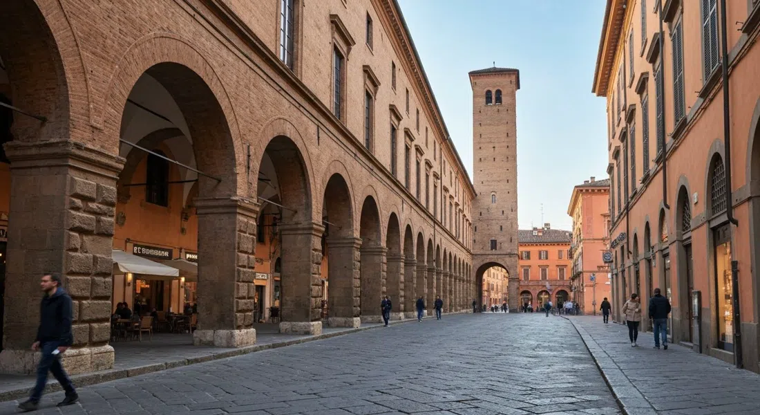 La sección cuesta arriba del Pórtico de San Luca más allá del Arco del Meloncello, arcos escalonados subiendo hacia la colina con luz suave de la tarde