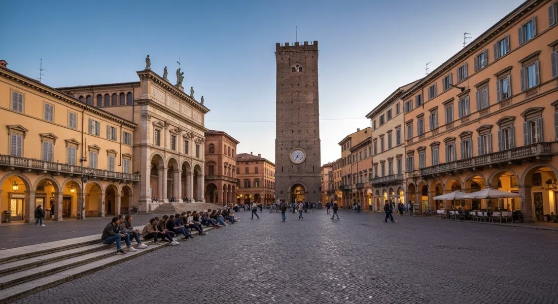 Piazza Verdi en Bolonia al atardecer, estudiantes sentados en las escaleras frente al Teatro Comunale, pórticos y edificios universitarios enmarcando la plaza