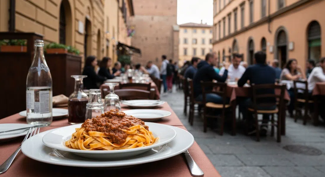 tagliatelle al ragù servidos en Osteria dell'Orsa en un plato sencillo, ambiente de mesa comunal y bulliciosa trattoria estudiantil en Bolonia