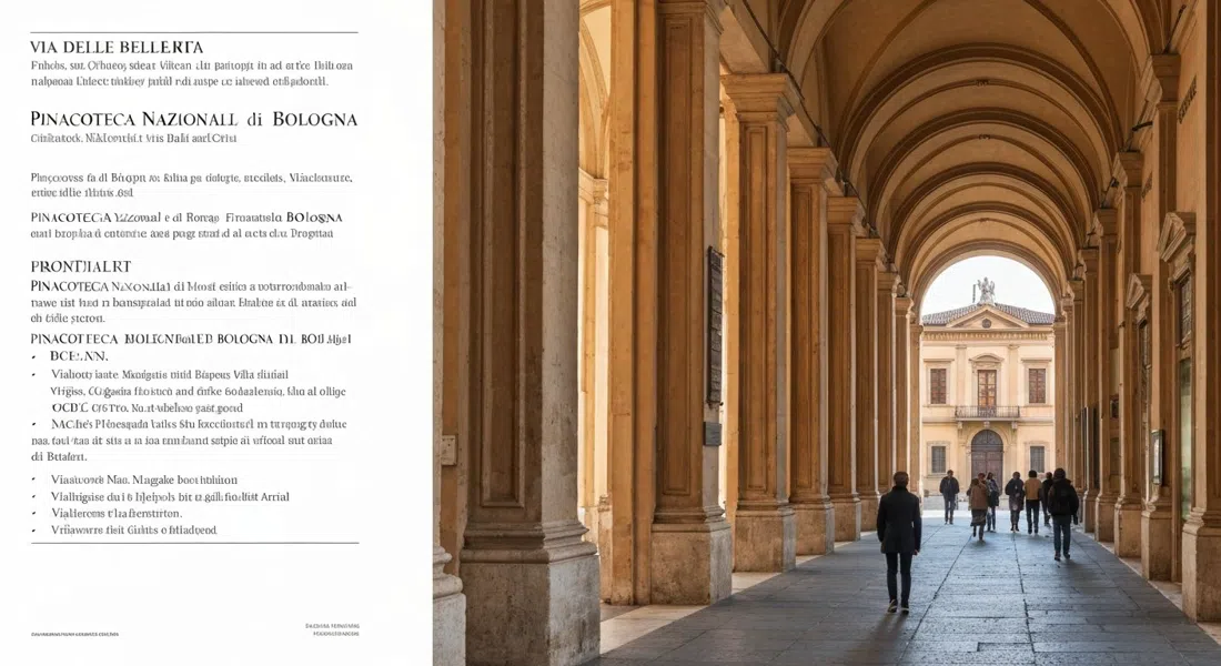 la entrada exterior de la Pinacoteca Nazionale di Bologna en Via delle Belle Arti, con pórticos y señalización del museo bajo una luz suave diurna