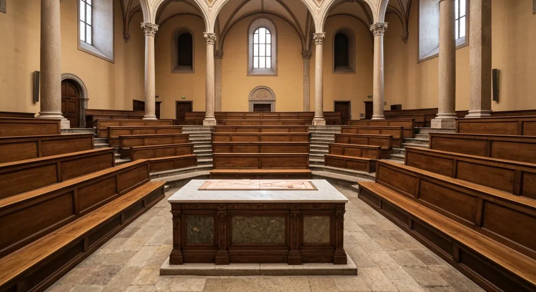 el Teatro Anatomico tallado en madera de abeto dentro del Archiginnasio, bancos de madera escalonados rodeando la mesa de disección de mármol bajo una luz cálida