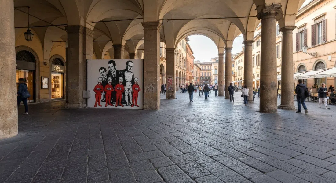 la línea de murales de Arti Povere Pratello en Via del Pratello, con una pieza en blanco y negro de Mp5 y figuras con mordazas rojas bajo los soportales de Bolonia al atardecer