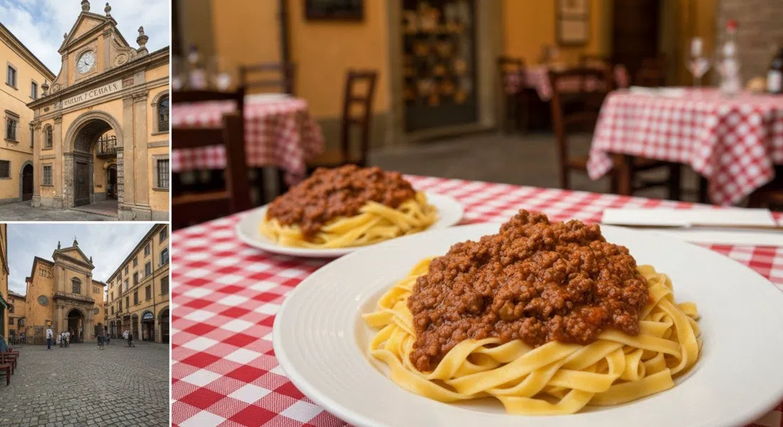 un plato de tagliatelle al ragú hechos a mano en la Trattoria Fantoni, mantel a cuadros rojo y blanco, paredes con grabados y un primer plano de la salsa de carne brillante