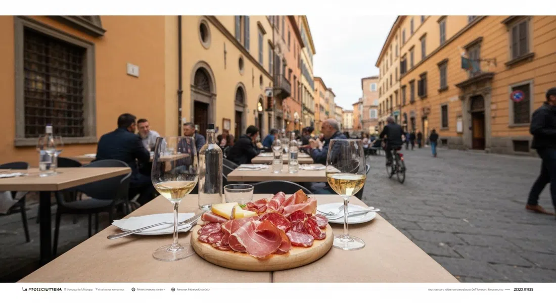 la tabla de embutidos en La Prosciutteria en Via del Pratello, embutidos y quesos con copas de vino en una mesa de aperitivo concurrida